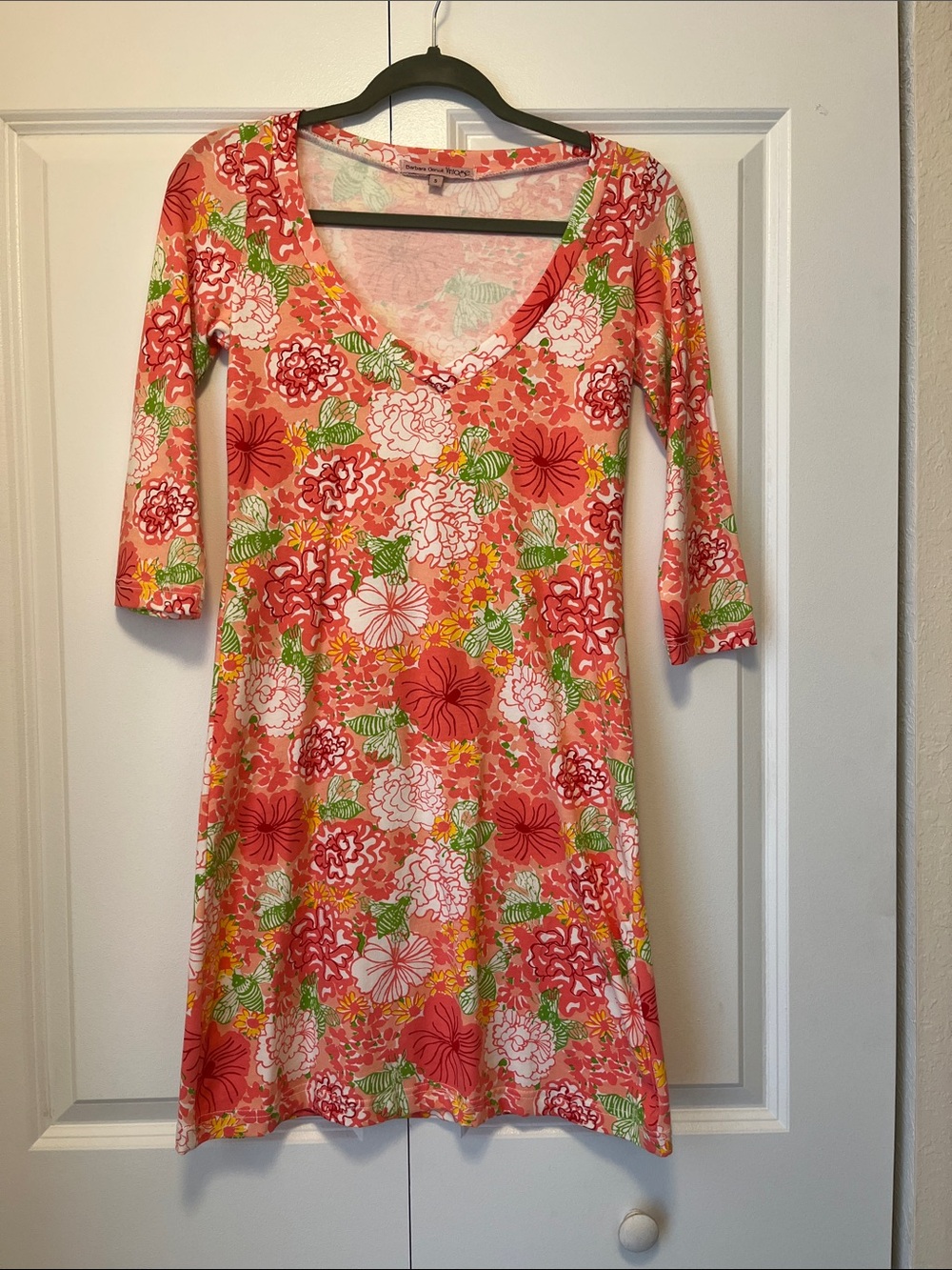 V-Neck Pink Floral Midi Dress with Three-Quarter Sleeves
